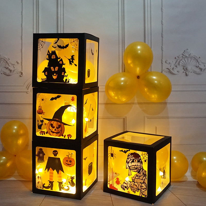 Halloween Balloon Boxes | Black Transparent Party Decoration with Ghost & Pumpkin Stickers