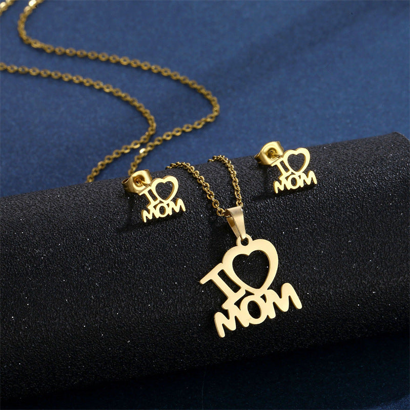 Mother’s Day Jewelry Set | Stainless Steel I Love Mom Heart Necklace & Earrings